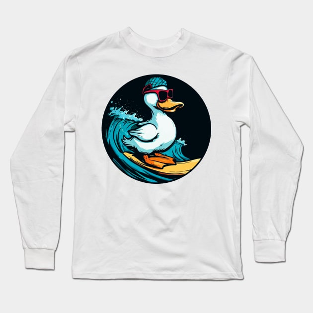 a cool white duck surfing while wearing red sunglasses Long Sleeve T-Shirt by Arteria6e9Vena